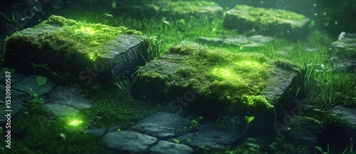 Mossy stones illuminated by magical green light