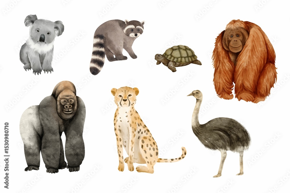Fototapeta premium Watercolor of animals set on white background. Watercolor of koala, raccoon, tortoise, cheetah, ostrich, orangutan, and gorilla isolated. Sketch of zoo animals