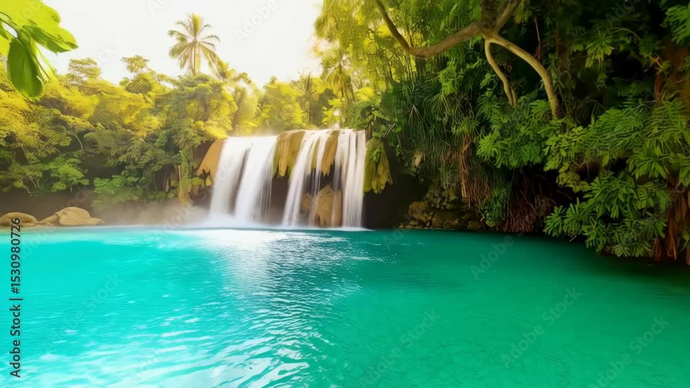 Tropical cascade flowing into a turquoise pool surrounded by lush jungle trees and a sandy beach on a sunny day