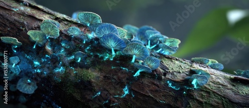 Glowing mushrooms on a fallen tree in dark forest