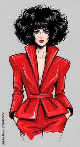Bold Fashion Illustration of Woman in Red Shiny Pantsuit with Voluminous Curly Hair