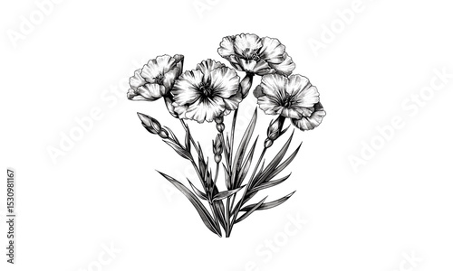 Vintage Engraving Illustration of Dianthus Chinensis Flore Pleno, Botanical Art, Flower Drawings, Nature Design, Floral Vector Illustration, Fine Art Flower, Elegant Flower Prints.