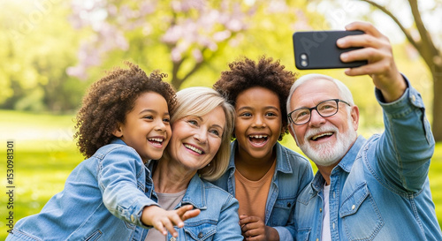 Happy multigenerational family taking a selfie outdoors in a park.