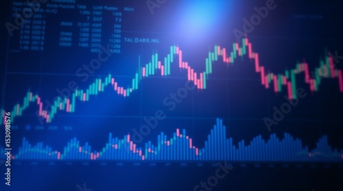 Financial data charts with glowing graphs on a dark background illuminated in blue tones