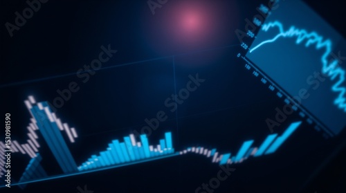 Financial data charts with glowing graphs on a dark background illuminated in blue tones