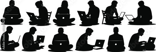 Silhouette people working on laptops, remote work posture collection, sitting and typing, freelance work from home, digital nomad vector