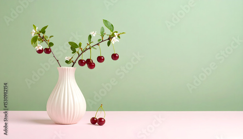Cherry Blossoms and Ripe Cherries in a White Vase Spring Still Life Photography