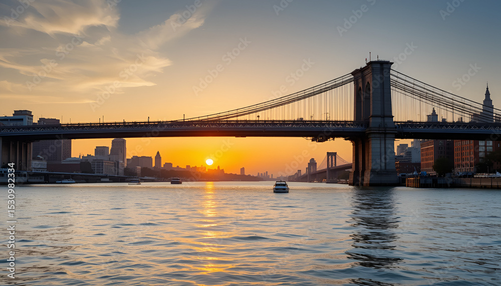 Fototapeta premium Brooklyn Bridge at sunrise with reflections in the East River and minimal traffic