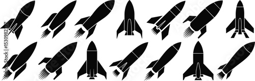 Silhouette rocket icons, vector space launch designs, spaceship collection, black rocket illustrations for science, technology, startup, innovation, and exploration