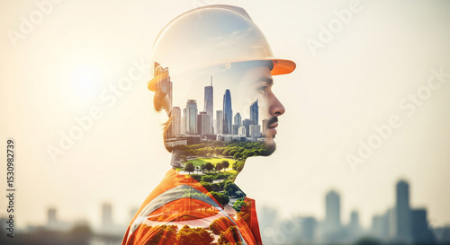 Double exposure image of a construction worker, city skyline, and park within his silhouette, symbolizing urban planning, sustainable development, and architectural vision