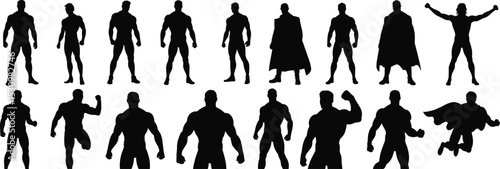 Superhero male silhouette vector set, muscular strong man poses, cape costume action, comic style hero design, shadow icons bundle