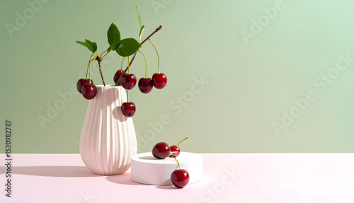 Still Life Photography Cherries in a White Vase on Pink Background