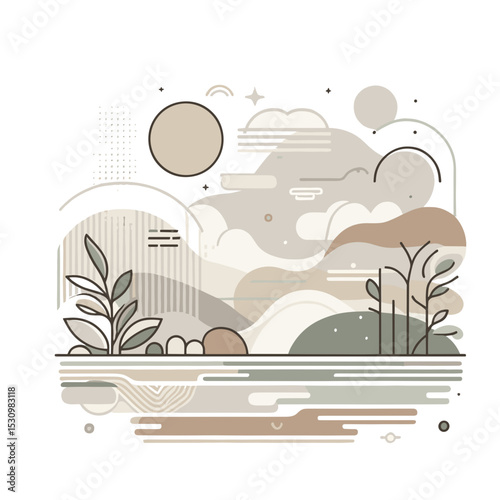 Monochrome wall art featuring abstract landscape with soft lines and shapes