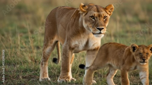 Wallpaper Mural A mother lion and cub in a natural outdoor setting demonstrating family connection and wildlife behavior Torontodigital.ca
