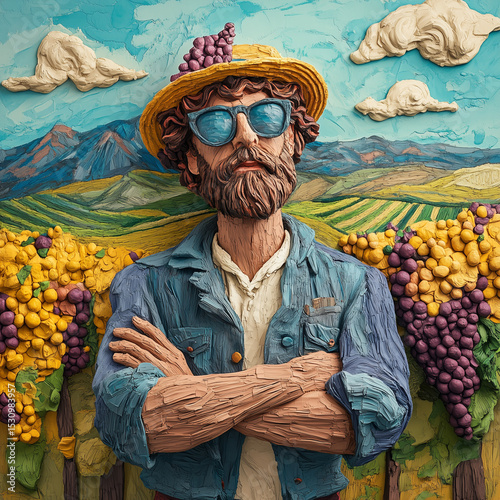 A man with a straw hat and sunglasses stands in front of a vineyard. The man is wearing a blue jacket and has his arms crossed. The vineyard is full of grapes, and the sky is blue with some clouds
