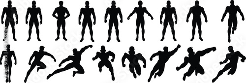 Superhero silhouette bundle, dynamic hero poses, flying male character set, comic style vector figures, action graphic for design projects
