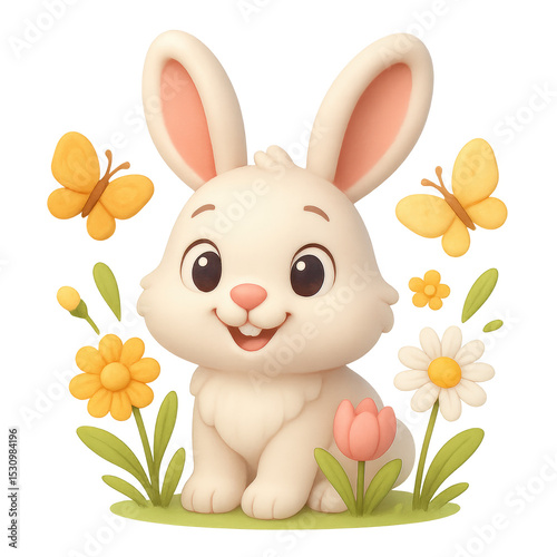Cute Bunny and Butterflies: A whimsical illustration of an adorable bunny, surrounded by colorful flowers and butterflies, set against a cheerful backdrop. Capturing the essence of spring.