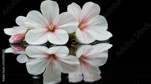 Delicate white flowers with pink accents floating on calm water, reflecting beautifully against a dark backdrop