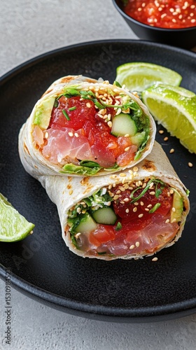 High-resolution sushi burrito cross-section featuring fresh fish, veggies, and spicy salsa, styled with moody lighting on textured concrete background.