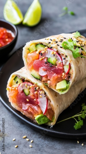 High-resolution sushi burrito cross-section featuring fresh fish, veggies, and spicy salsa, styled with moody lighting on textured concrete background.