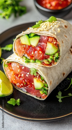 High-resolution sushi burrito cross-section featuring fresh fish, veggies, and spicy salsa, styled with moody lighting on textured concrete background.