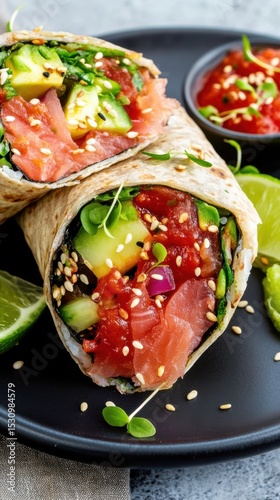 High-resolution sushi burrito cross-section featuring fresh fish, veggies, and spicy salsa, styled with moody lighting on textured concrete background.