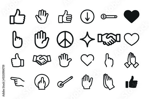 Set of Simple Black Line Hand Icons for Various Actions and Emotions