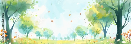 A beautiful spring landscape illustration featuring trees, grass, and flowers with a soft pastel color palette and a watercolor effect