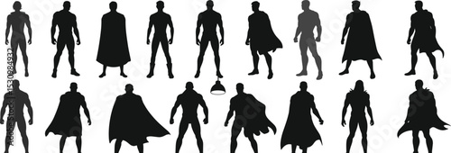 Superhero silhouettes with cape, standing male hero poses, powerful character vector set, comic book style for graphic design
