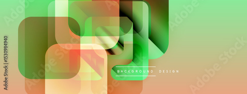 Abstract geometric shapes overlap. Green, orange hues create modern background design. Minimalist style, smooth gradients present.
