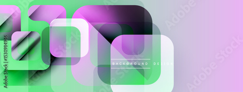 Abstract geometric shapes overlap. Gradient colors create modern visual effect. Soft hues blend, forming dynamic composition.