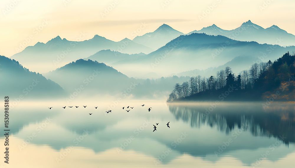Fototapeta premium Serene misty mountain lake landscape with flock of birds flying over calm water, reflecting mountains. Perfect for meditation, nature, travel, and tranquility themes.