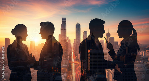 Silhouetted businesspeople conversing against a cityscape sunset, symbolizing urban business, collaboration, and negotiation
