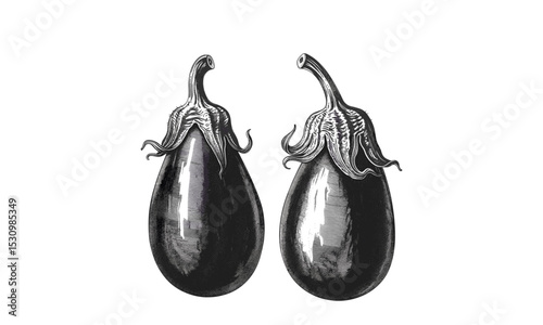 Engraving Eggplant Vintage Long Aubergine Illustration, hand-drawn, botanical, detailed, vector illustration, nature, organic, artistic, traditional, food art, agriculture, sketch.
