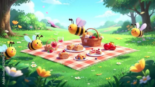 Adorable bees enjoying a colorful picnic in a sunny meadow