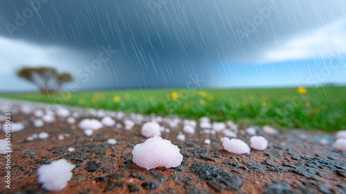 A heavy rainstorm with hail is filmed in a low angle shot as the hail hits the asphalt, illustrating the connection between the hail, asphalt, and the rainstorm as a weather phenomenon
