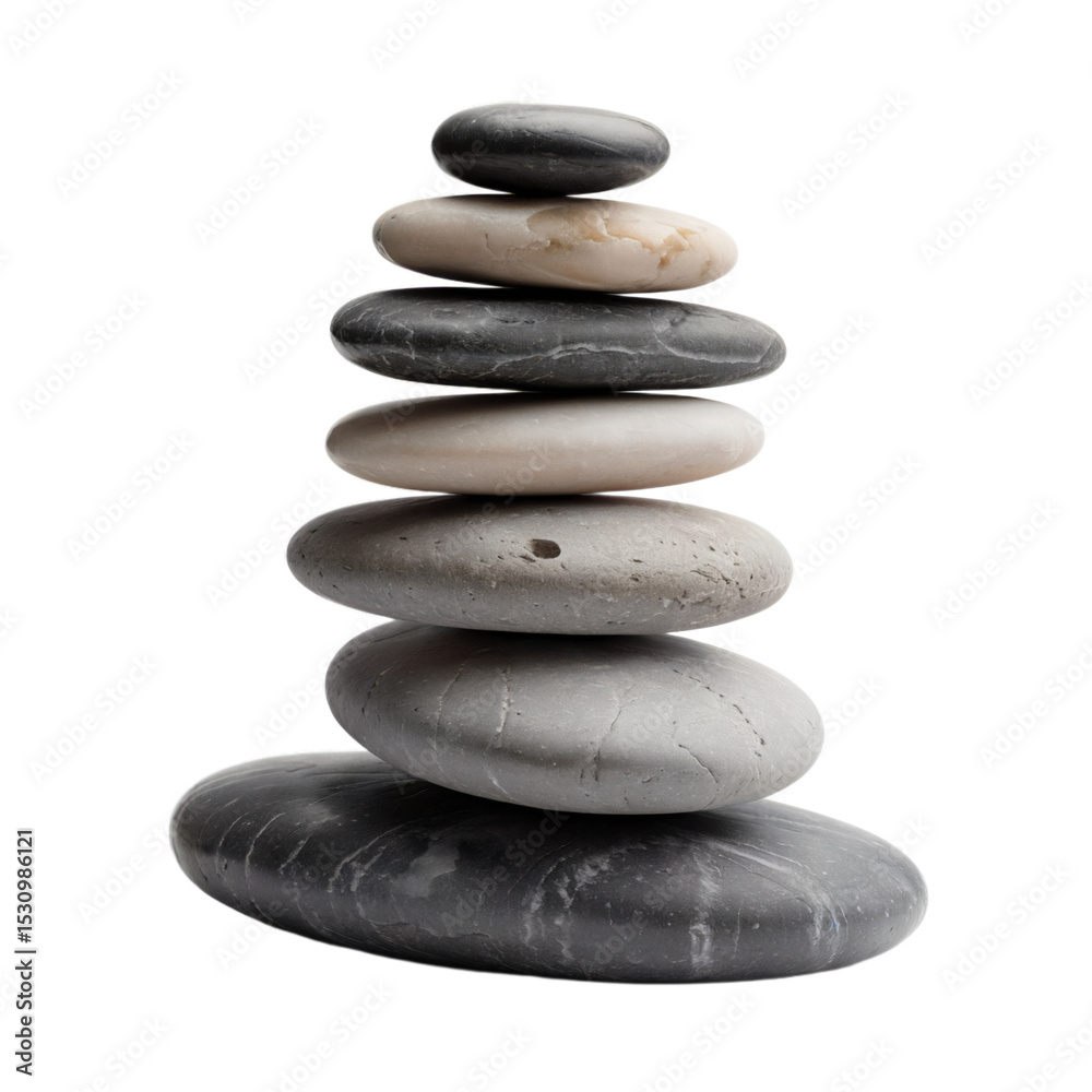 Serene stacked stones balanced zen spa relaxation grey white black calm on transparent background Serene stacked stones balanced zen spa relaxation grey white black calm on transparent background