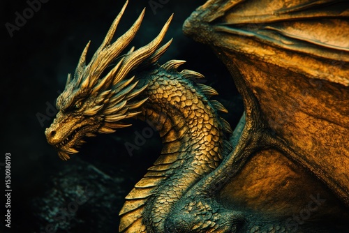 Detailed view of a golden dragon statue. photo