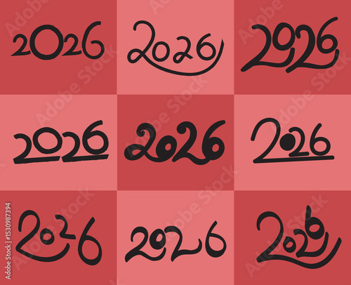  A vibrant collection of hand-drawn "2026" typography styles on alternating red backgrounds. Ideal for New Year designs, calendars, branding, or festive graphic projects.