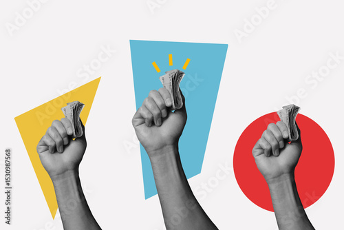 Modern art collage in retro style,, hand holding a stack of money. Financial development and income increase.	