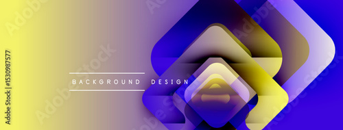 Abstract geometric design. Gradient yellow transitions into purple. Overlapping shapes create dynamic visual effect. Modern background texture.