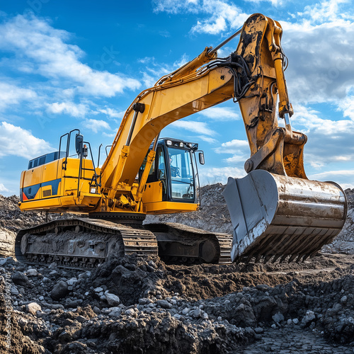 A yellow excavator is digging into the ground. The sky is cloudy, and the sun is shining through the clouds