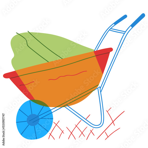 Wheelbarrow filled with soil and plants on garden path for Labor Day  