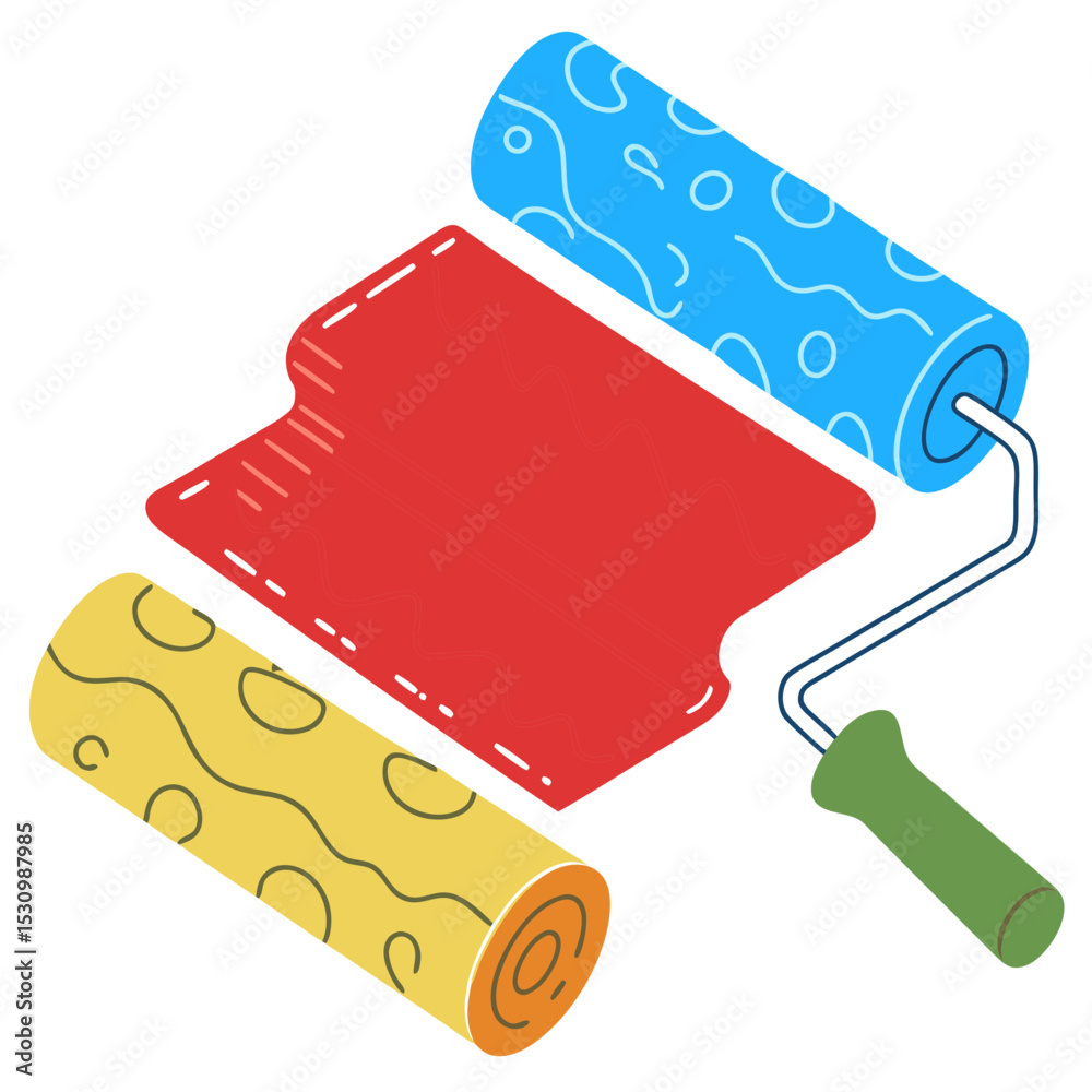 Colorful paint rollers and red paint for home renovation projects  