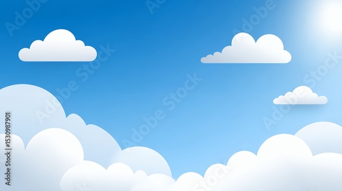 Bright Blue Sky with Puffy White Clouds Digital Illustration