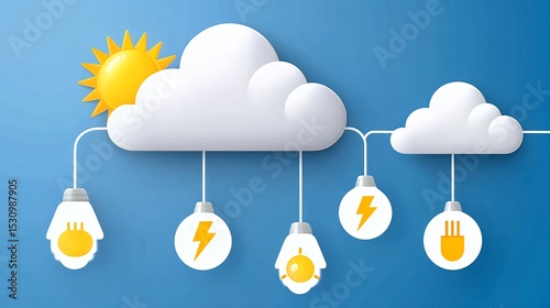Bright Yellow Sun and White Clouds Powering Lightbulbs on Blue Background