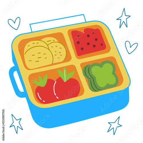 Colorful lunchbox filled with snacks and fruits for lunchtime
