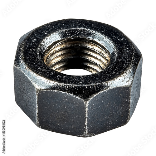 Metal hex nut showcasing its textured surface and inner threading for fastening applications, isolated on fully transparent png background