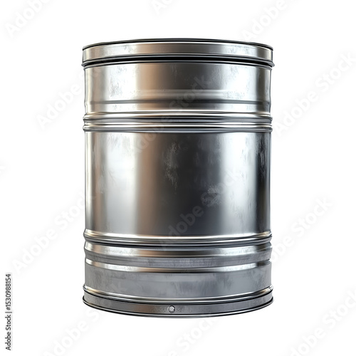 Metallic barrel with lid, suitable for storage, packaging, or industrial use, isolated on fully transparent png background