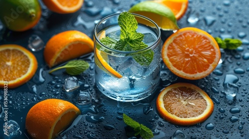 Frozen citrus and mint inside glass with water, light and vibrant cool tones, abstract chill design with copy space for text
